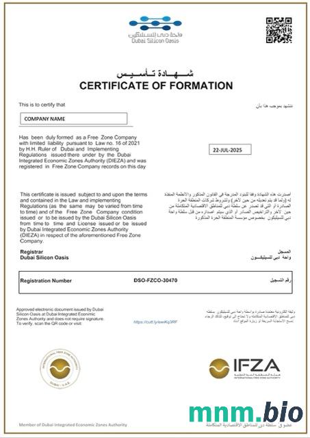 ZEA vcertyfikat of formation Word i szablon PDF